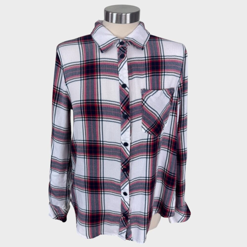Cosmic Blue Love Small Plaid Womens Button Front Shirt 100% Rayon